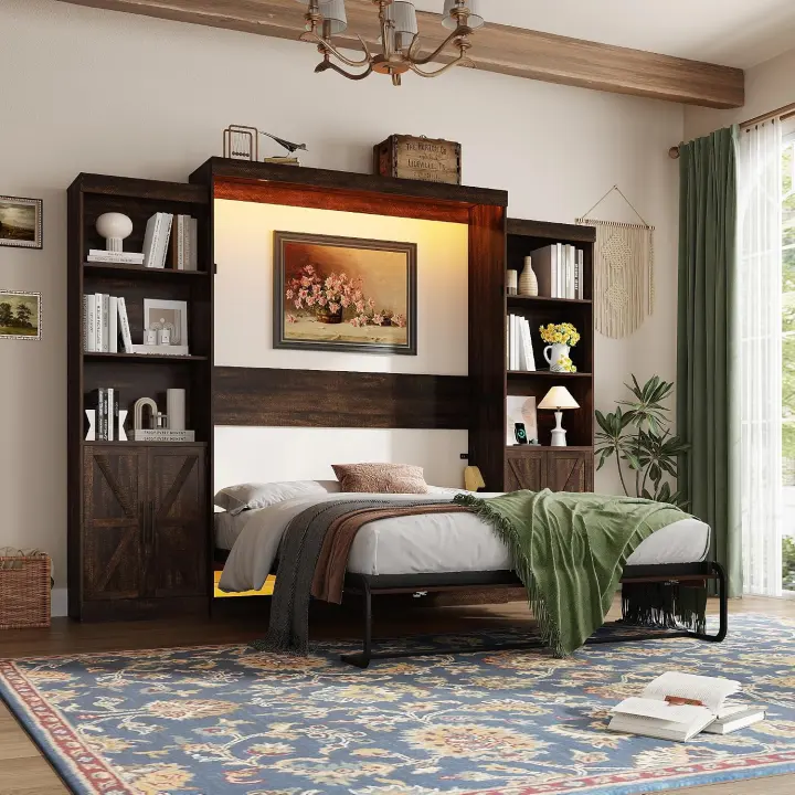 Queen Murphy Bed with Dual Storage Cabinets & LED Lights — Farmhouse Wall Bed