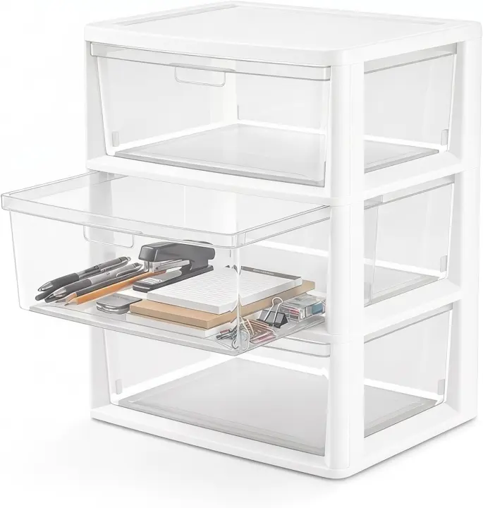 Wide 3-Drawer Plastic Storage Tower (White) with Clear Bins